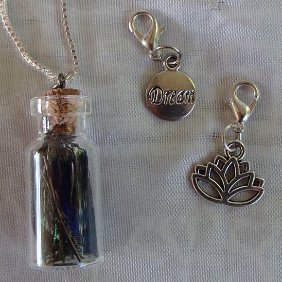 Peacock Feather Glass Bottle Necklace Buddha Hand Lotus Dream Zip Pull Handmade - Picture 5 of 15